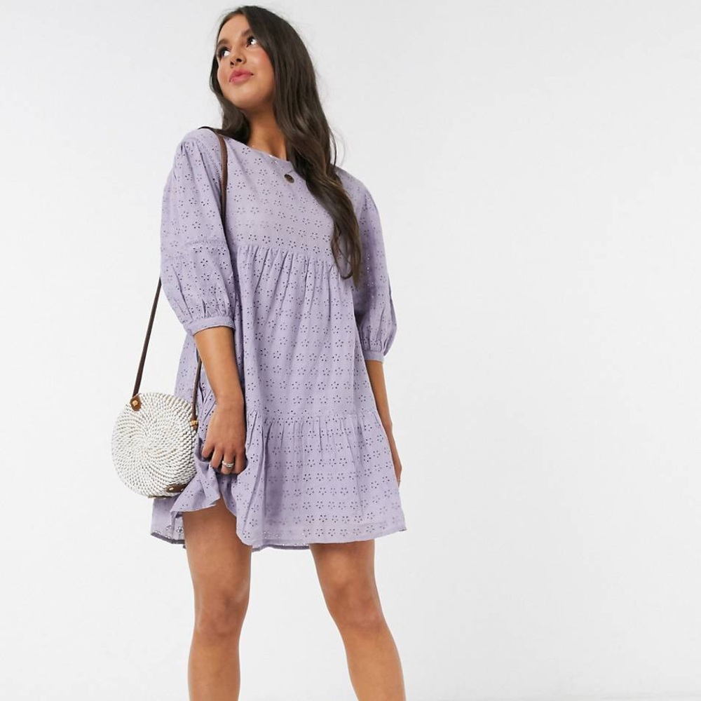 ASOS Pull & Bear Purple Eyelet Floral Puff Sleeve Tiered Dress